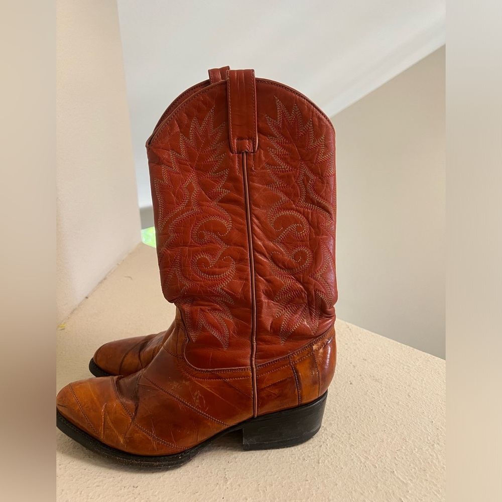Je-Ver Men’s Cowboy Western Orange Leather Boots size 6 women’s 8